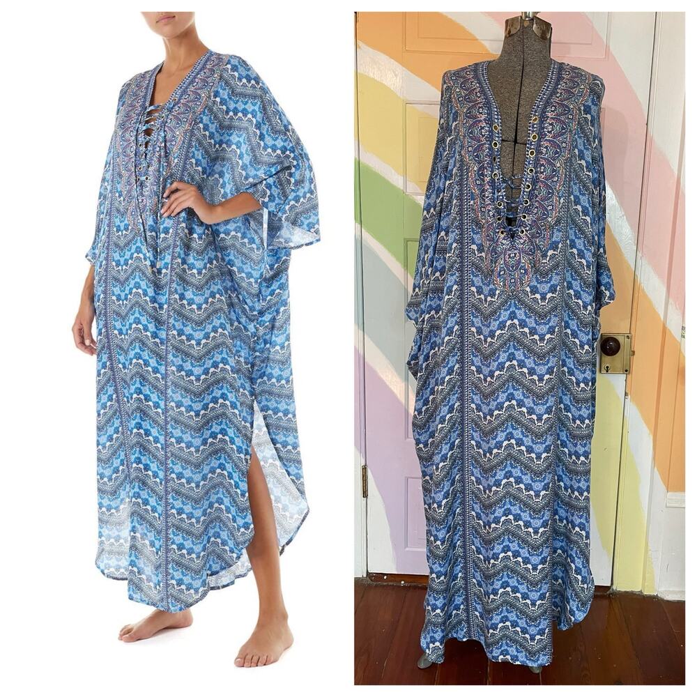 Melissa Odabash Lola Fresco Lace Up Silk Blend Kaftan Maxi Dress Blue One Size